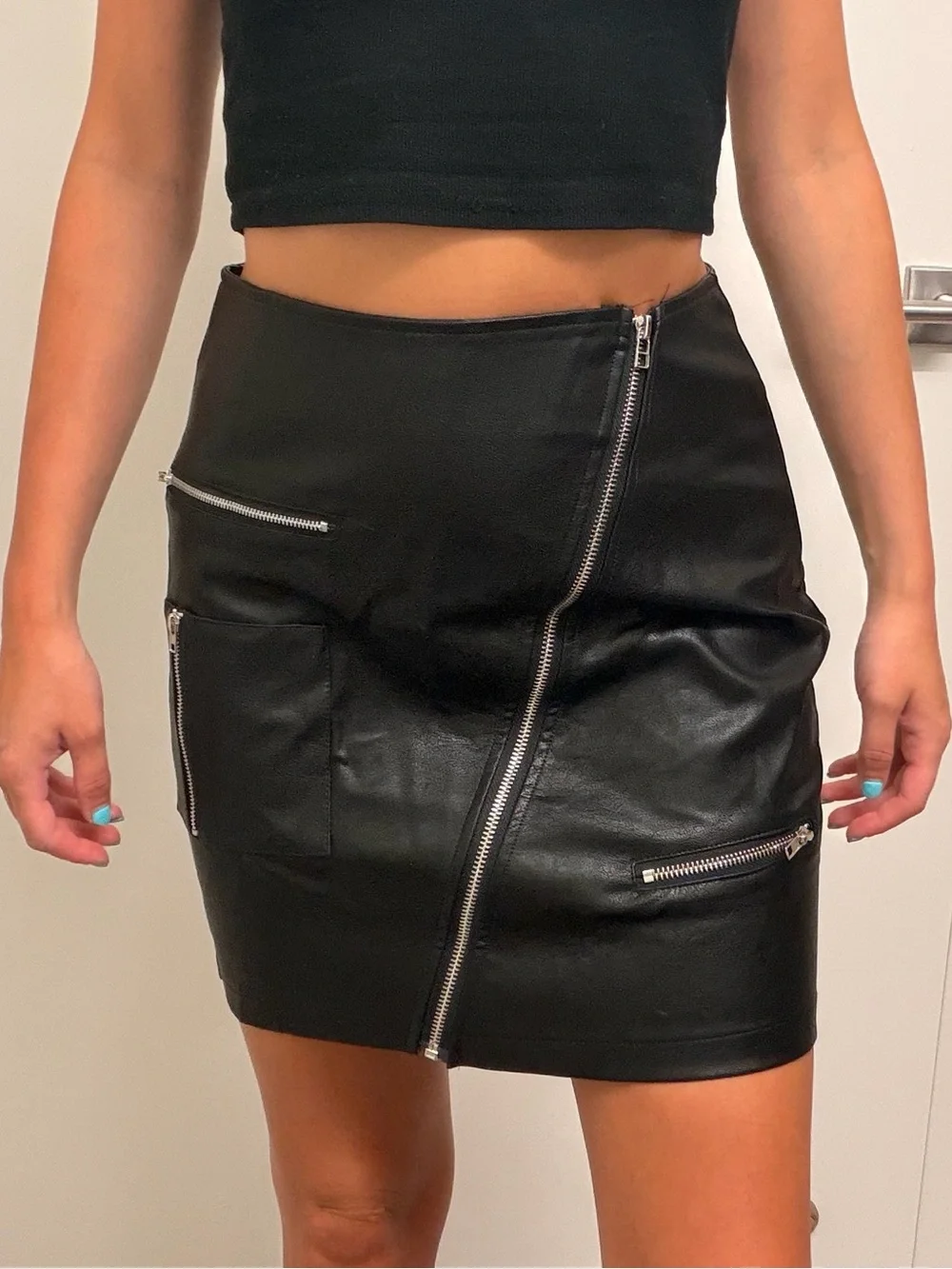 Black Faux Leather Zip-Front Mini Skirt